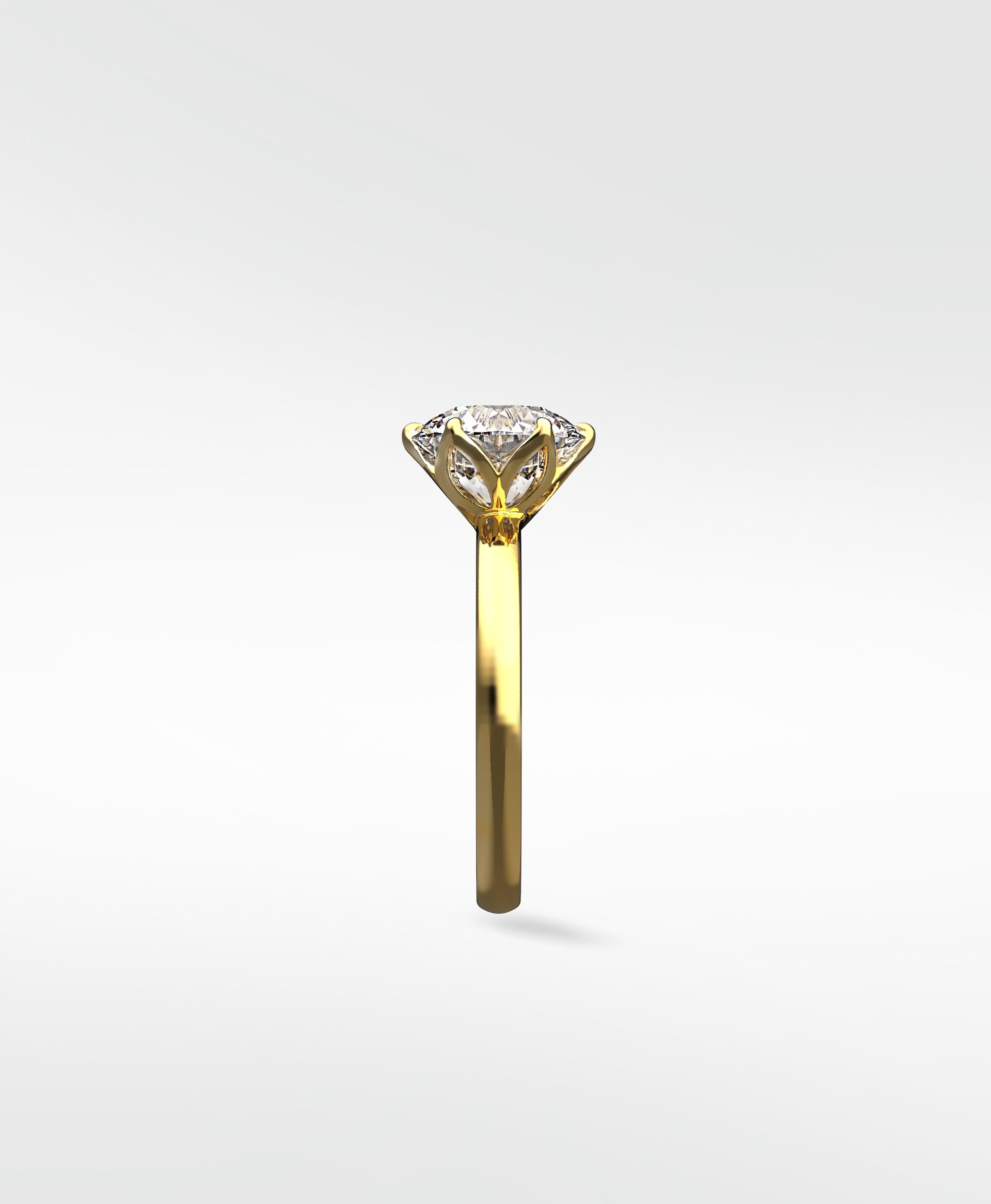 Side profile of the Lily Engagement Ring in yellow gold, featuring its unique petal claw diamond setting.