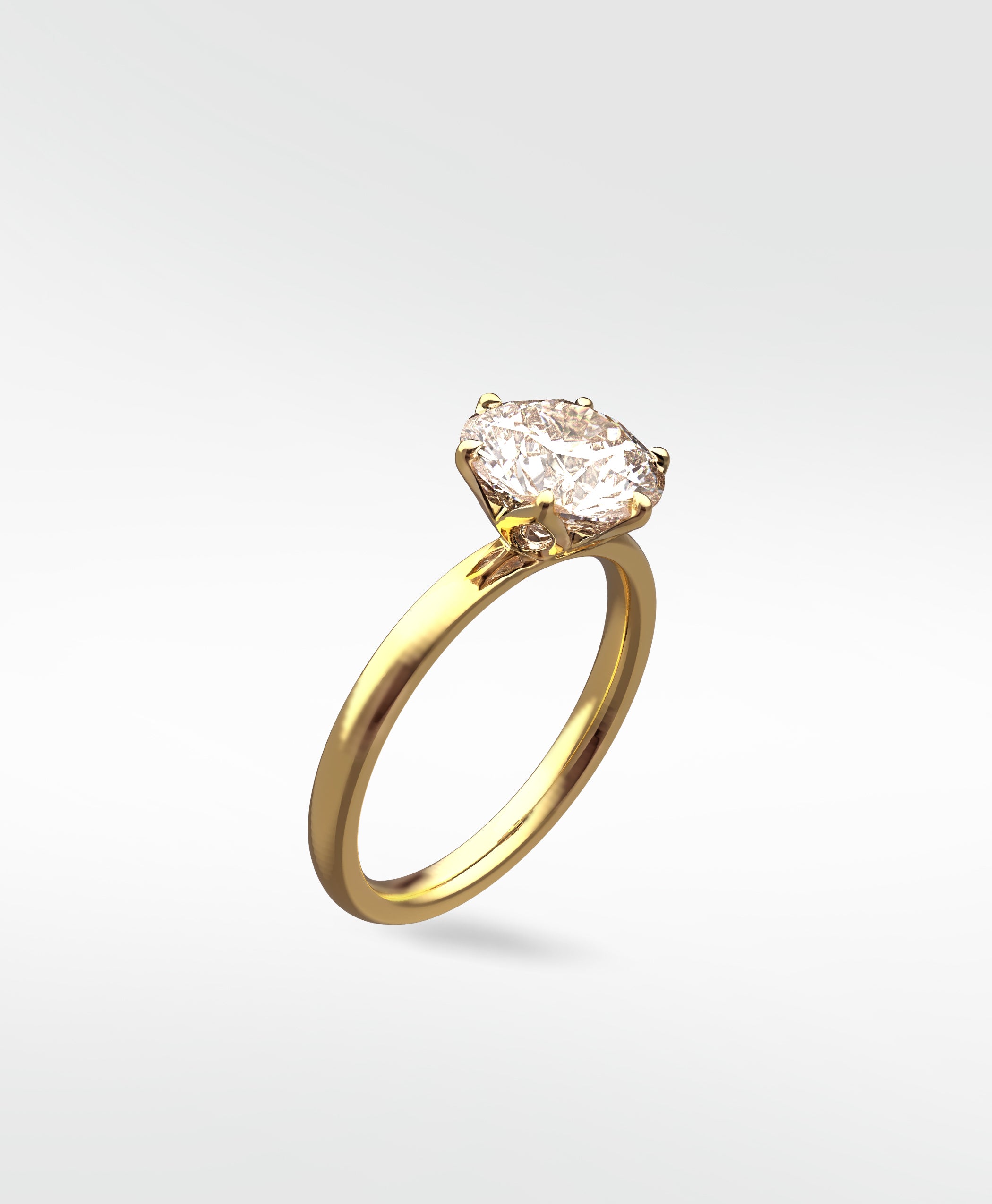 Angled view of the yellow gold Lily Engagement Ring with an oval-cut diamond solitaire set in unique petal claws.