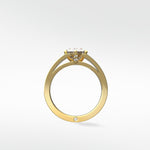 Profile view of the Papaya Engagement Ring in yellow gold, showing a split shank, accent diamonds, and a surprise diamond inside.