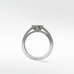 Profile view of the Lark & Berry Papaya Engagement Ring in white gold, showing the split shank and side accent diamonds.