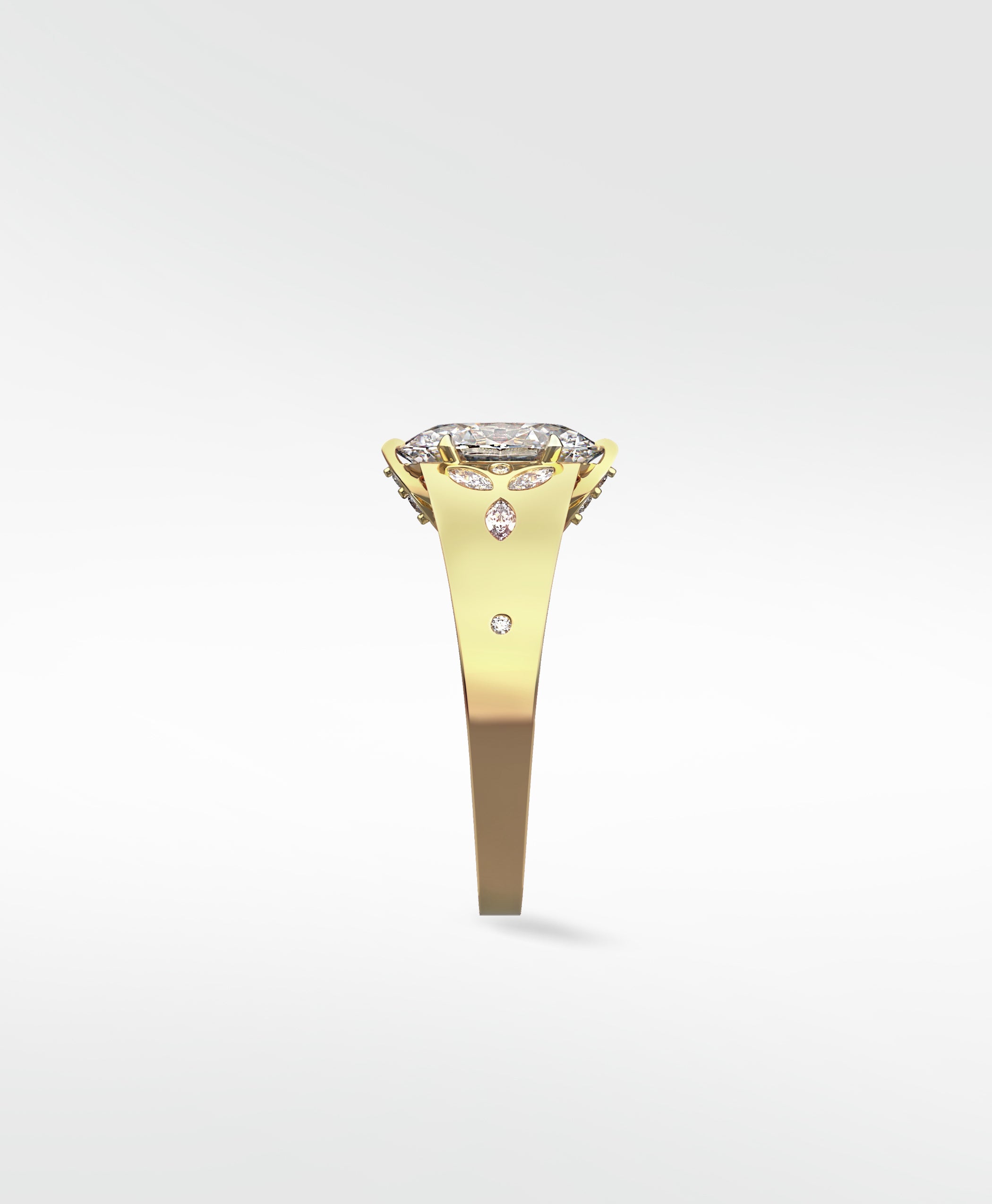 Side view of the Papaya Engagement Ring in yellow gold, showing intricate diamond details on the band and setting.