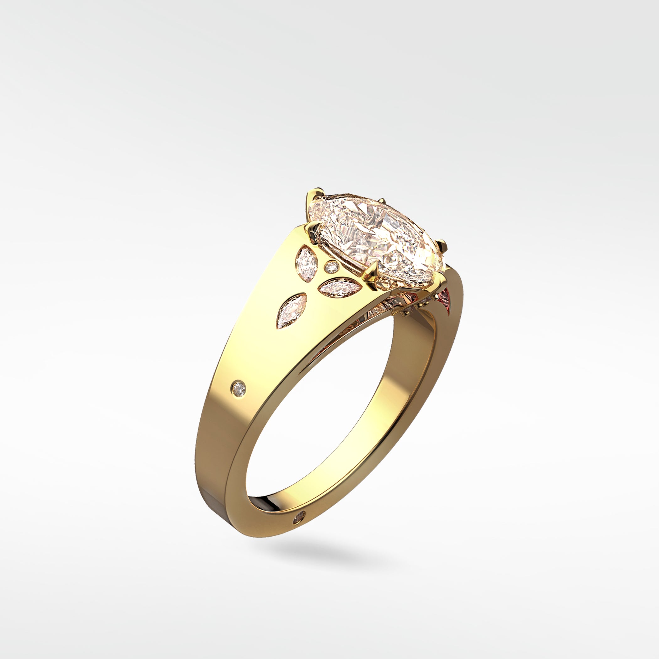The Papaya Engagement Ring in yellow gold, featuring a brilliant marquise-cut diamond with intricate diamond accents on the band.