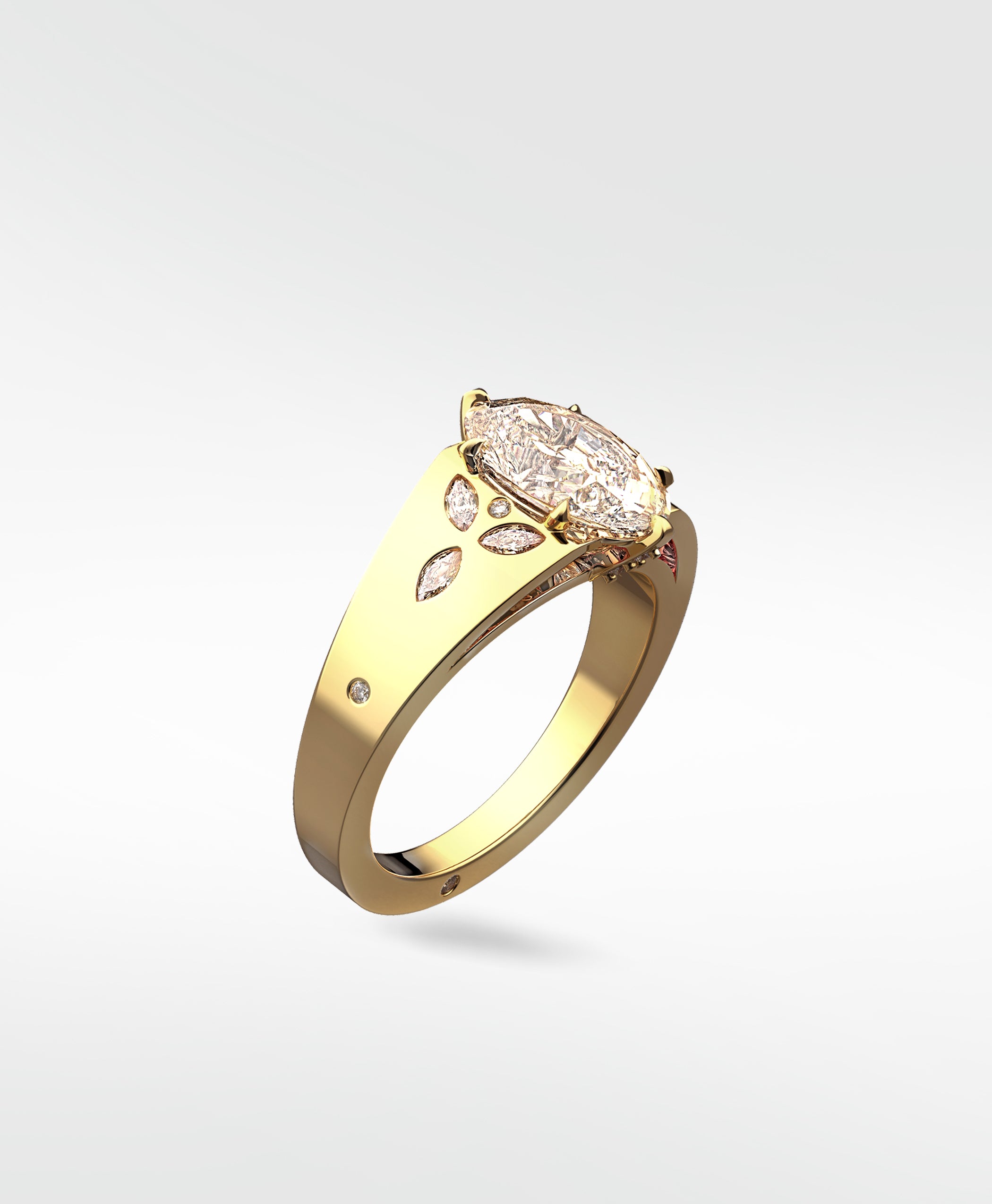 The Papaya Engagement Ring in yellow gold, featuring a brilliant marquise-cut diamond with intricate diamond accents on the band.