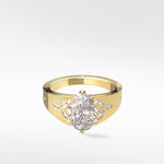 The Papaya Engagement Ring in yellow gold, featuring a central oval diamond surrounded by leaf-like accent diamonds.