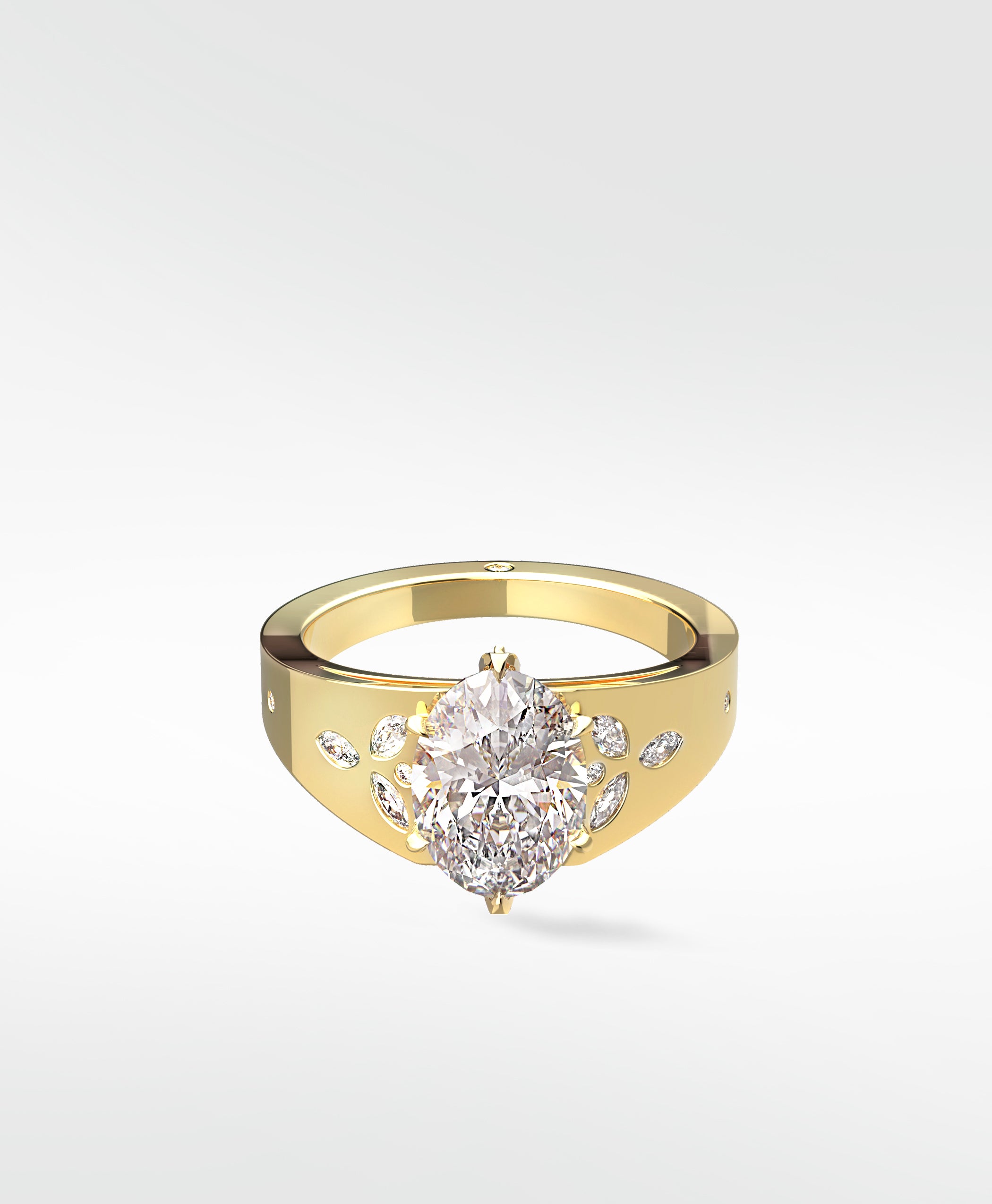 The Papaya Engagement Ring in yellow gold, featuring a central oval diamond surrounded by leaf-like accent diamonds.