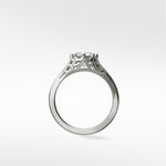 Side profile of the Mondo Engagement Ring in white gold, featuring an intricate vintage filigree setting with two diamonds.