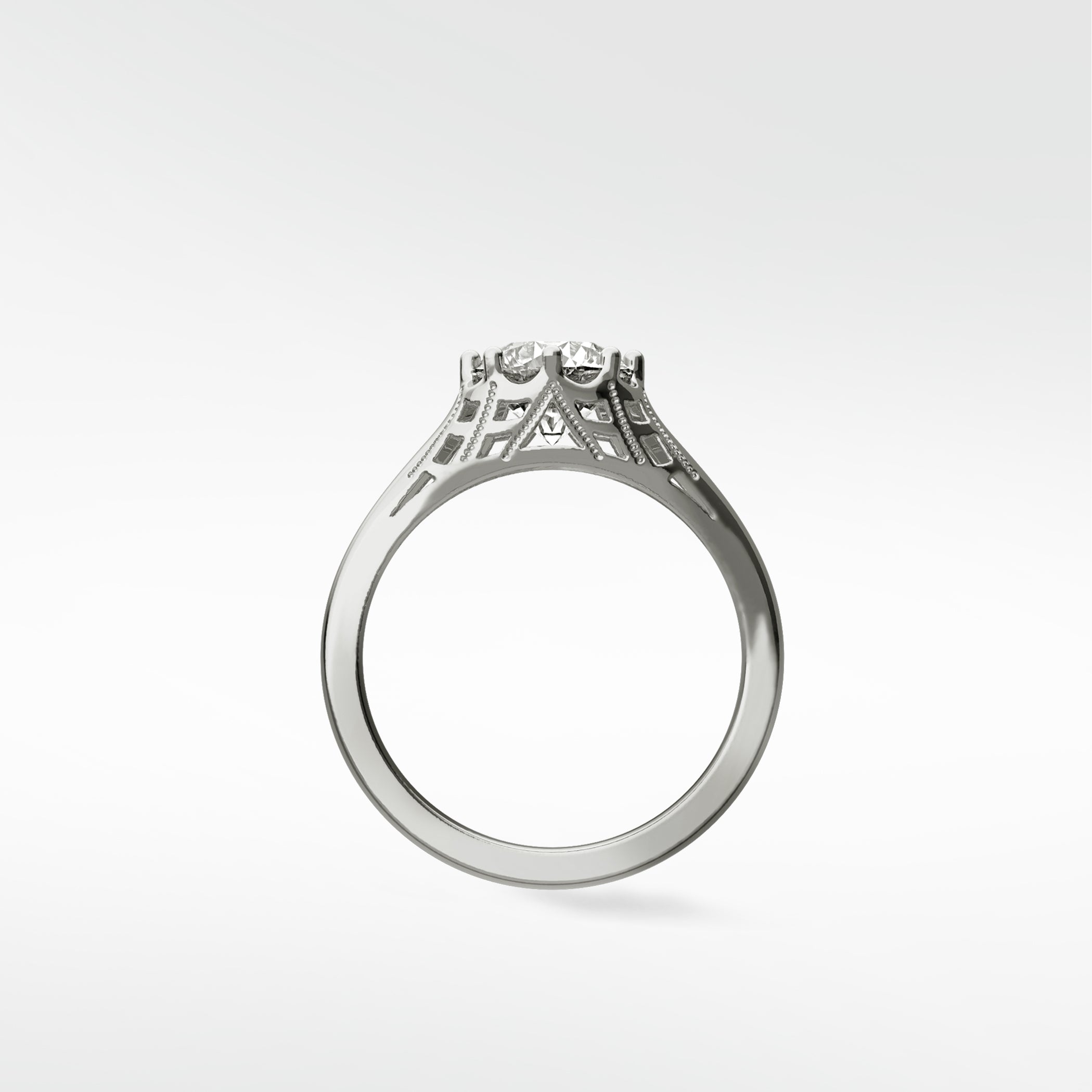 Side profile of the Mondo Engagement Ring in white gold, featuring an intricate vintage filigree setting with two diamonds.