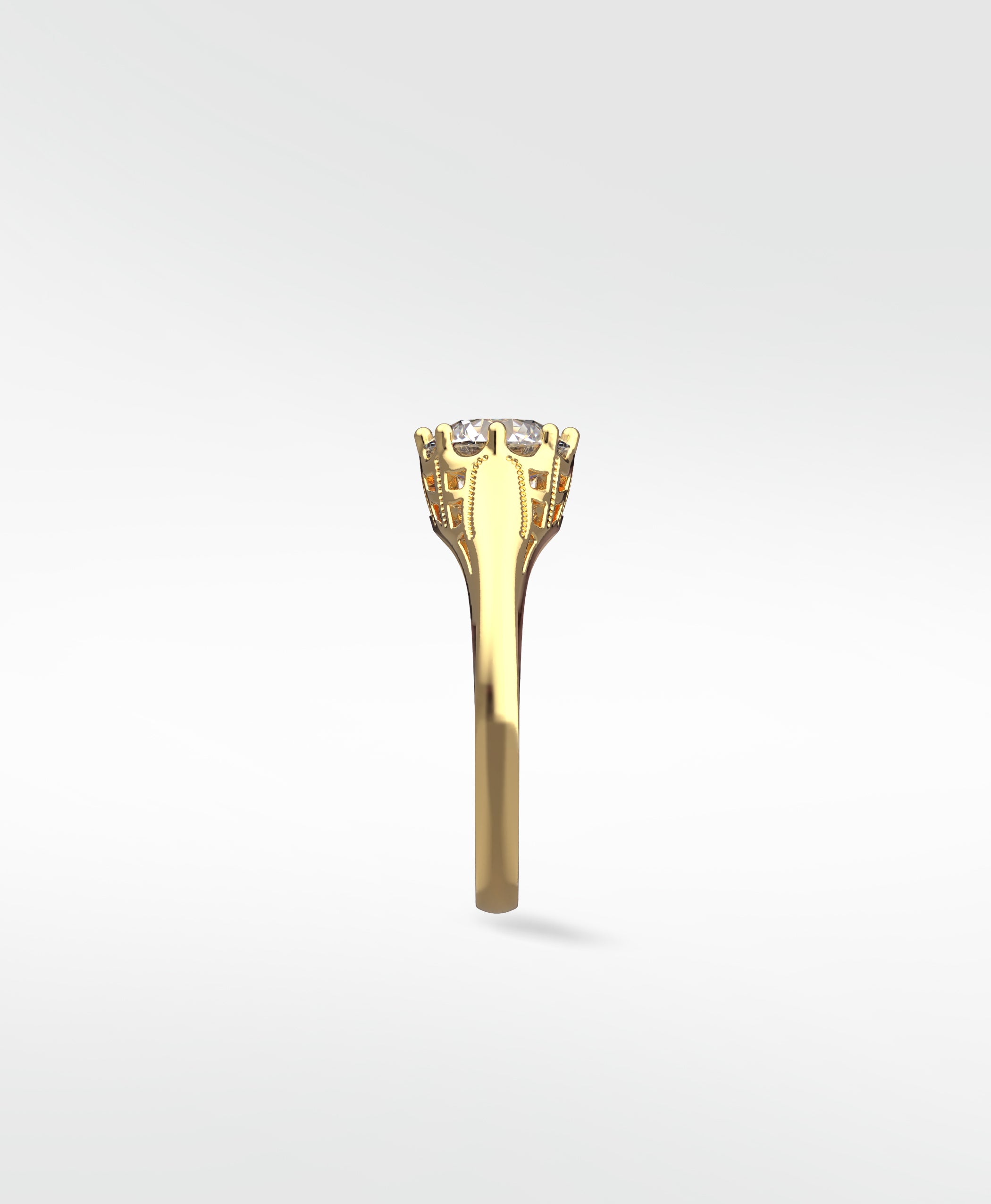 Side view of the Mondo Engagement Ring in yellow gold, showcasing the intricate vintage-style basket setting with milgrain details.