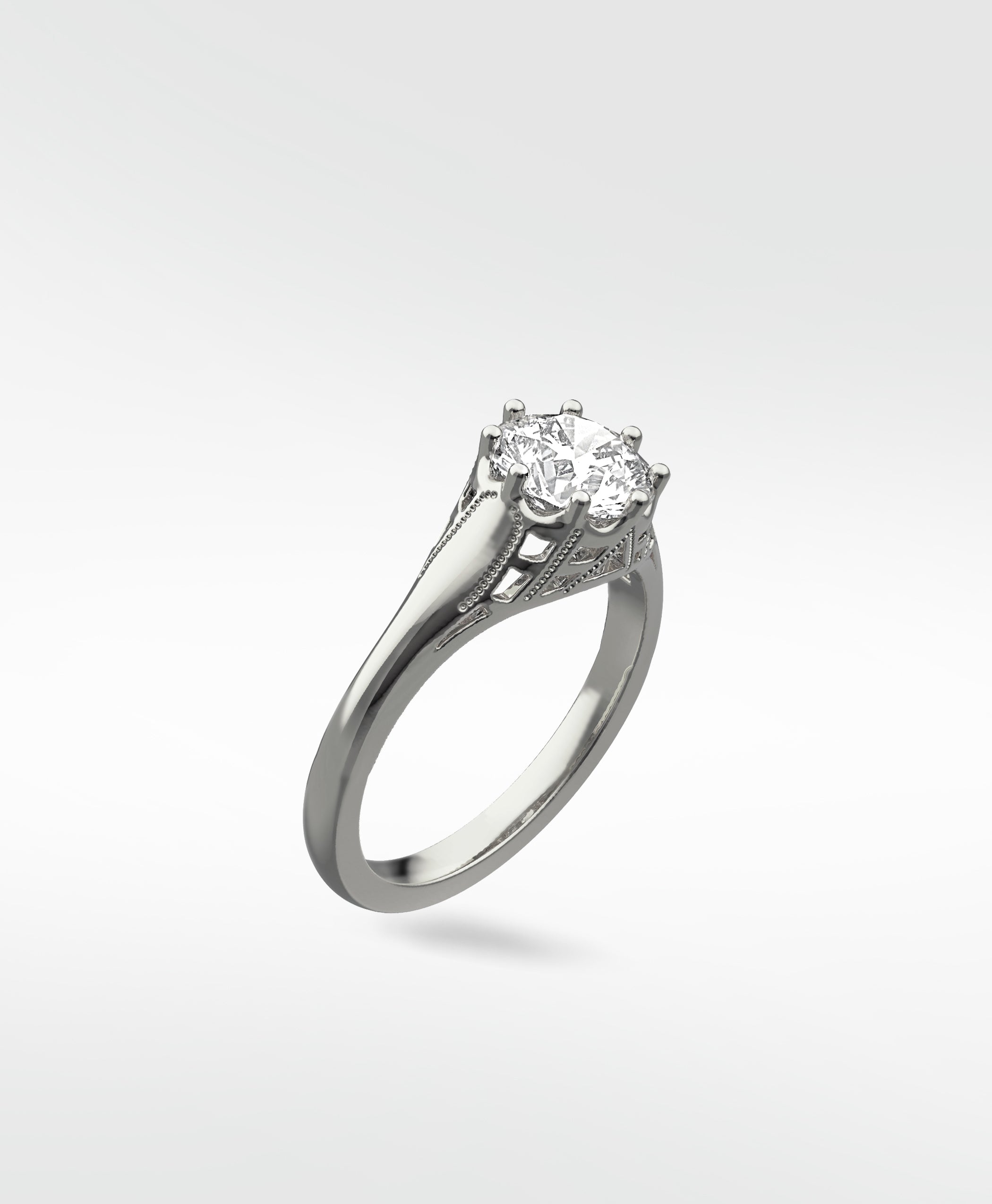 Mondo Engagement Ring in a white gold vintage-style setting with a brilliant round diamond, shown at an angle.
