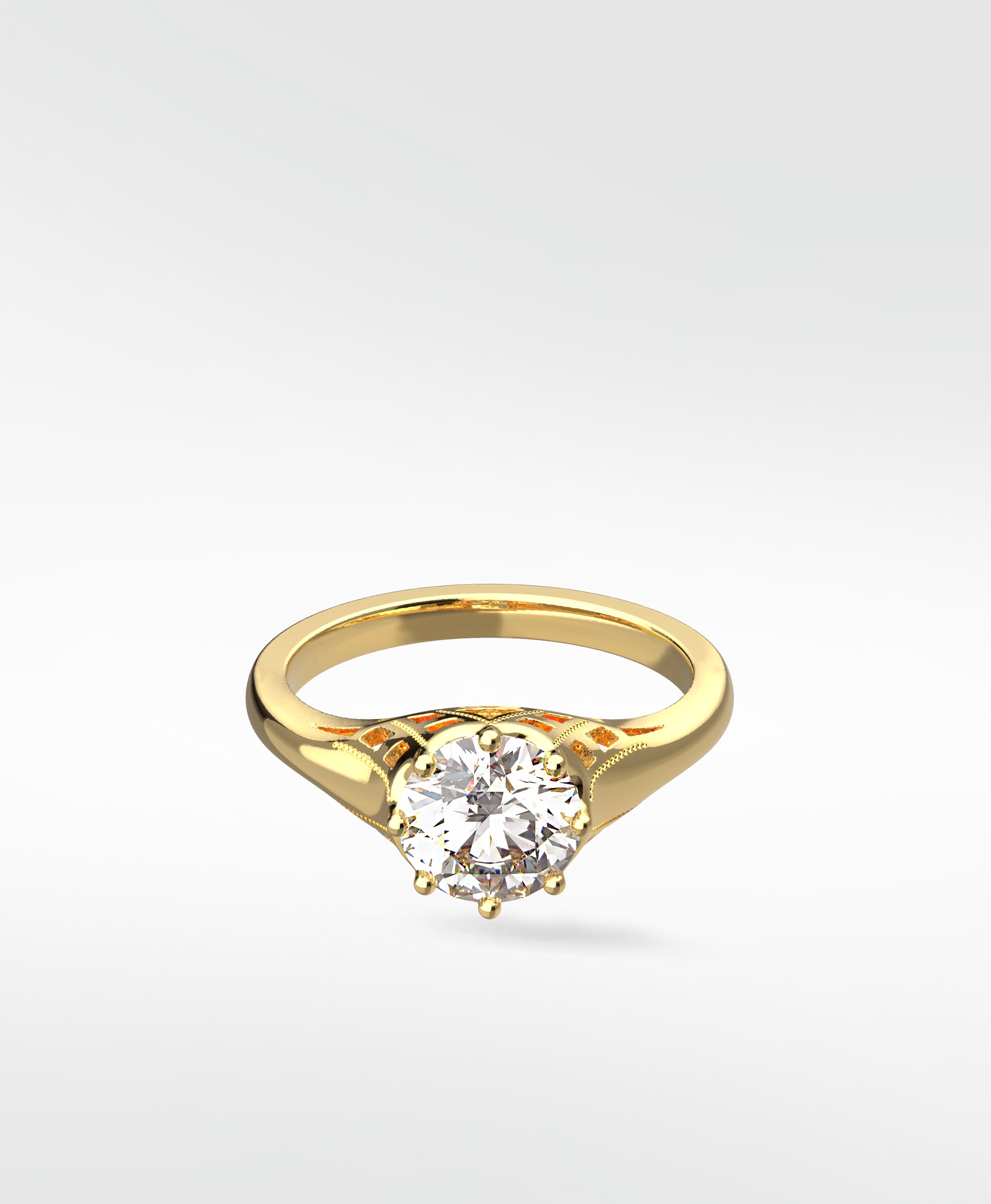 The Mondo Engagement Ring in yellow gold, featuring a round brilliant diamond in a vintage-style setting with intricate details.