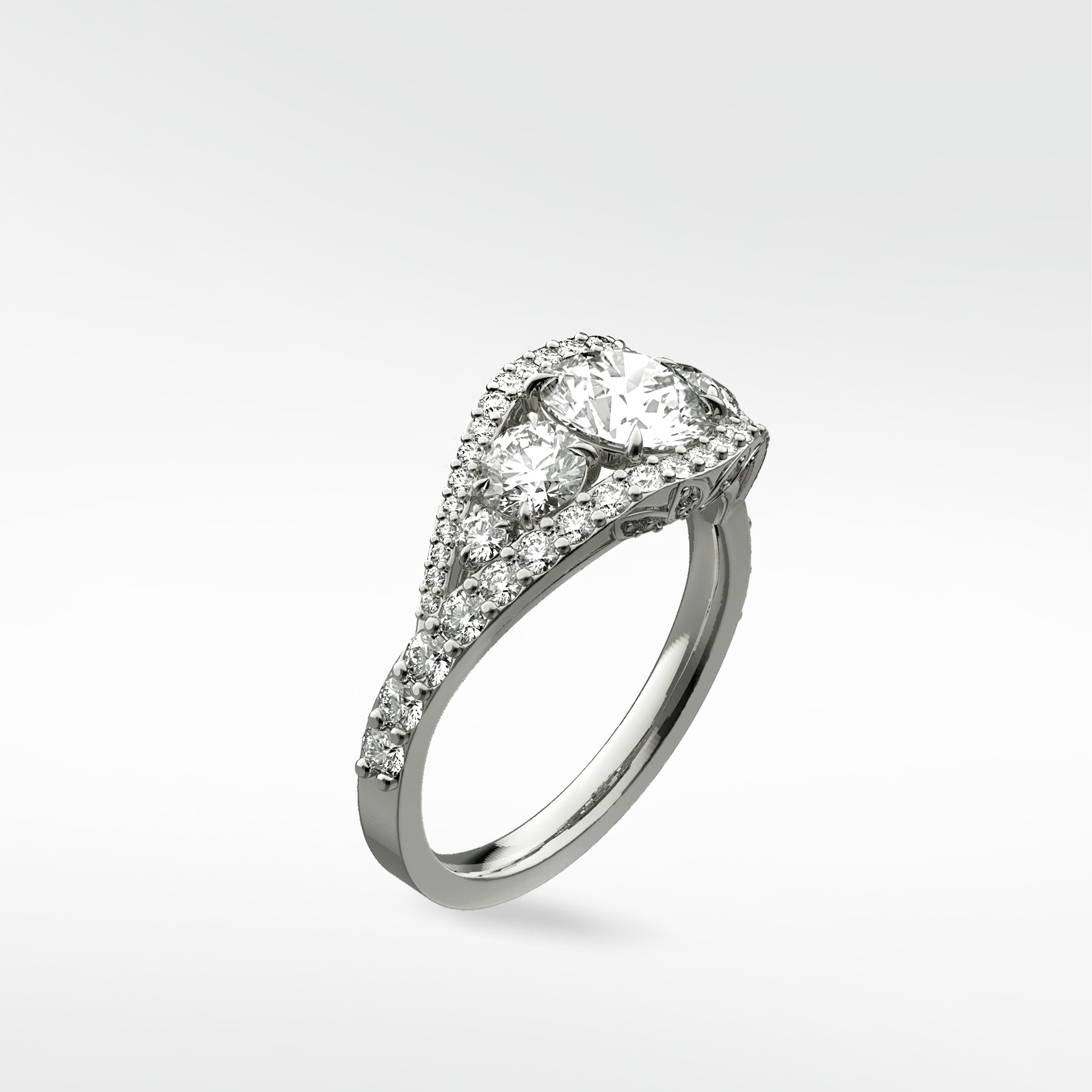 Platinum Torreya Diamond Engagement Ring with a two-stone center inside a pavé diamond halo setting.