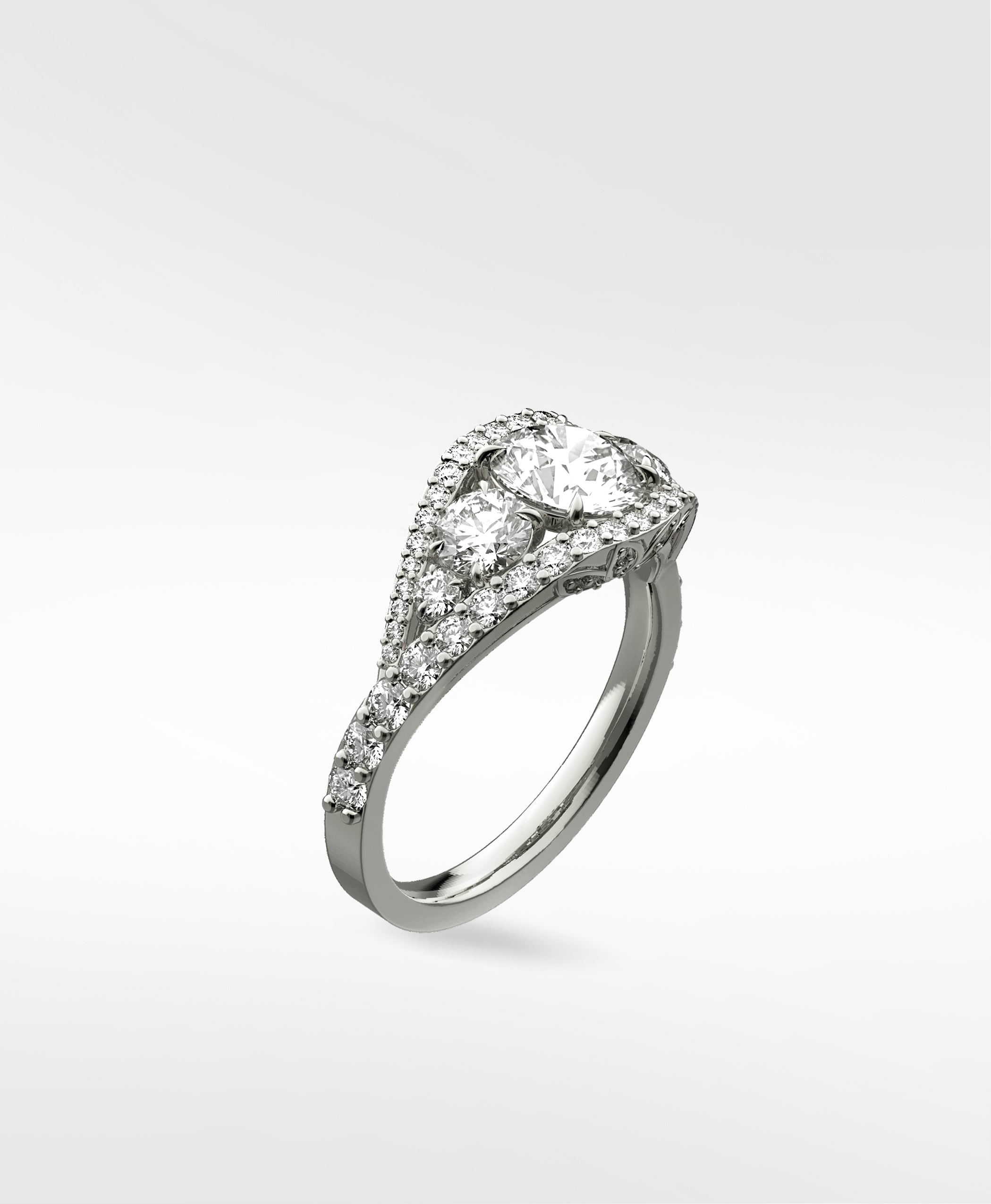 Platinum Torreya Diamond Engagement Ring with a two-stone center inside a pavé diamond halo setting.