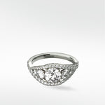 The Torreya Diamond Engagement Ring in platinum, featuring a three-stone design with a pavé diamond band.