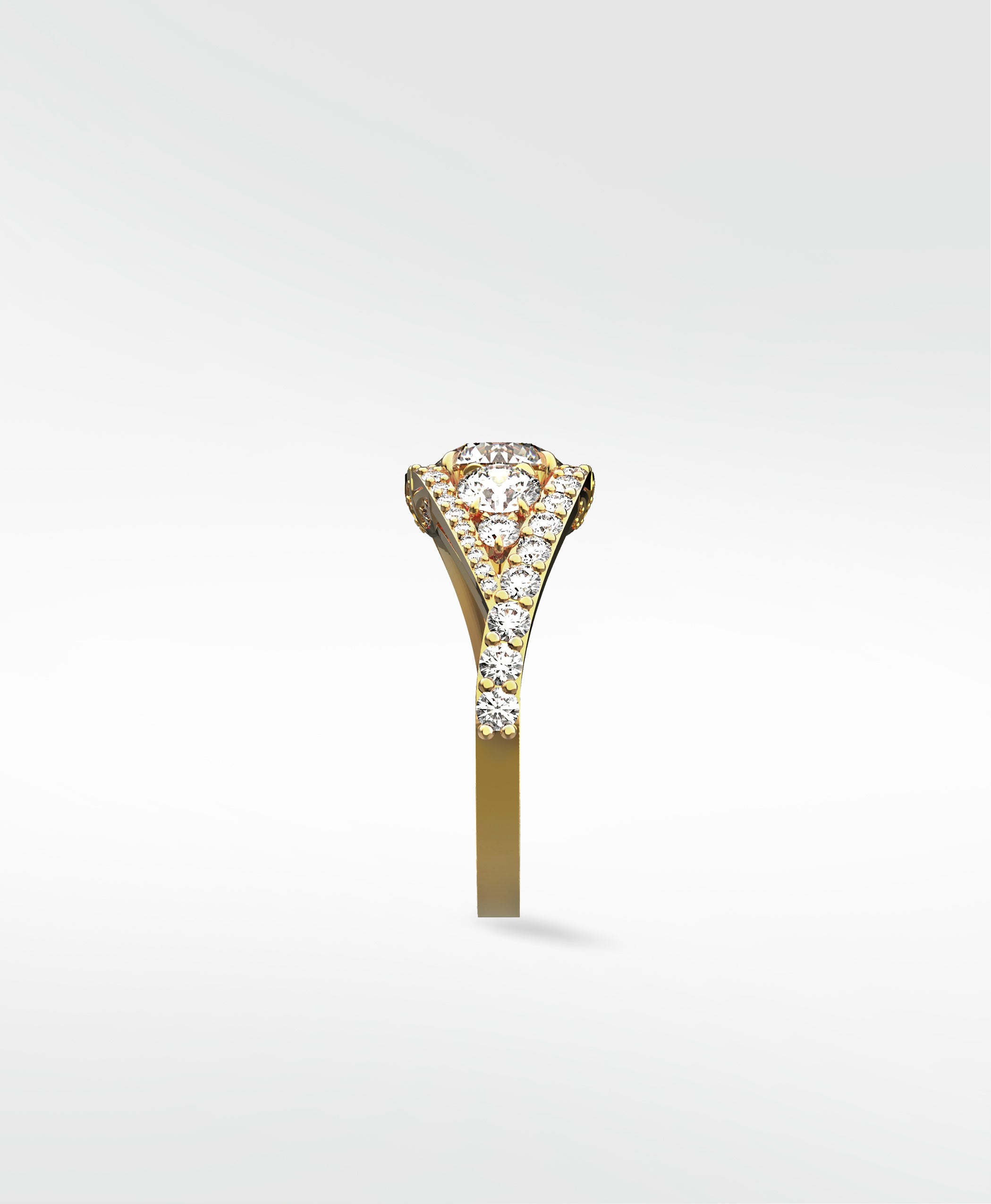 Side profile of the Torreya Diamond Engagement Ring in yellow gold, showing the pavé diamond twisted band.