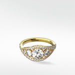 The Torreya Diamond Engagement Ring in yellow gold, featuring a three-stone setting on a curved, pavé diamond band.
