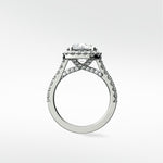 Side view of the platinum Sequoia Diamond Engagement Ring, featuring a pavé band, halo setting, and diamond-accented gallery.