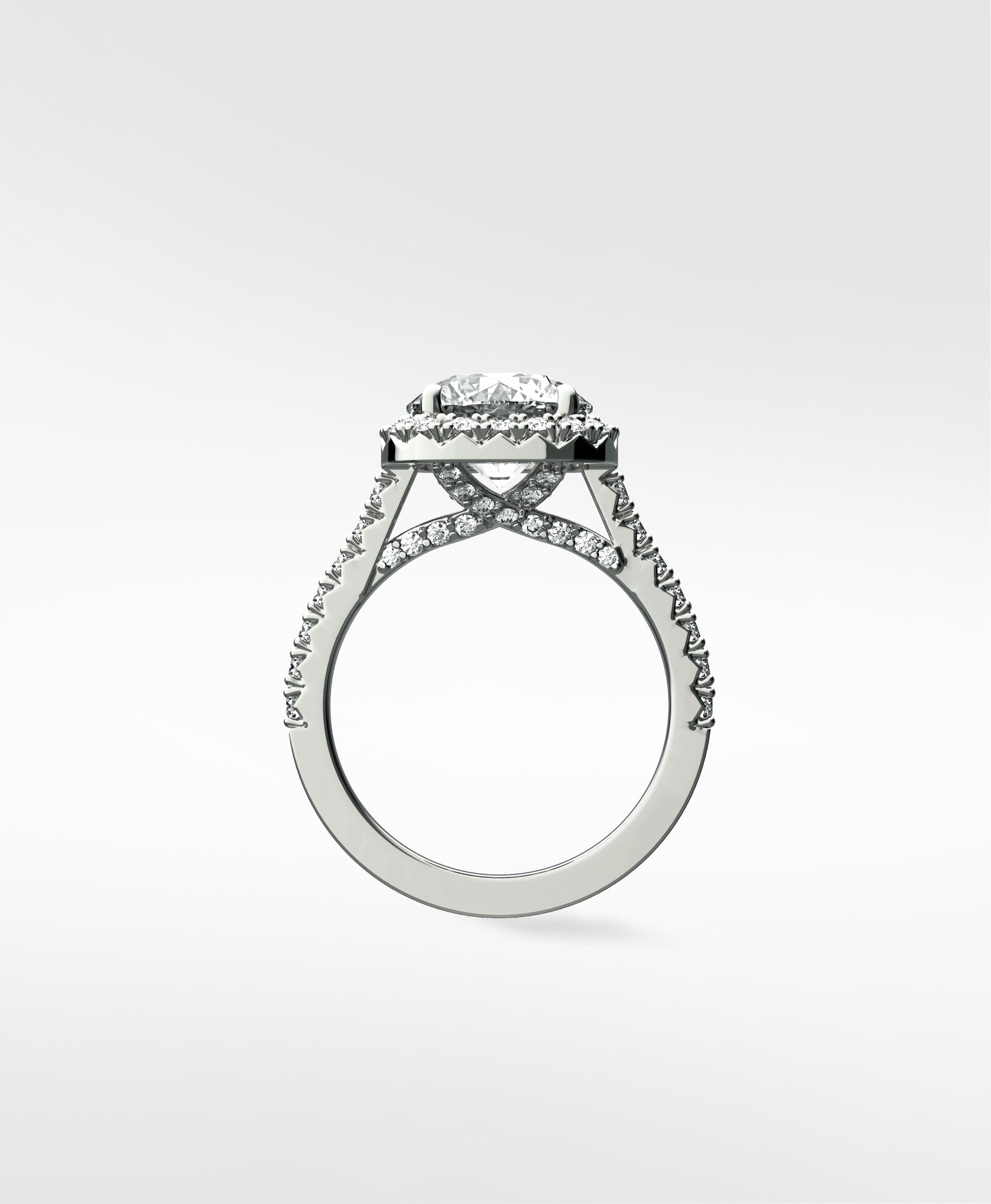 Side view of the platinum Sequoia Diamond Engagement Ring, featuring a pavé band, halo setting, and diamond-accented gallery.