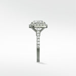 Side profile of the Sequoia Diamond Engagement Ring in platinum, featuring a halo setting and pavé diamond band.