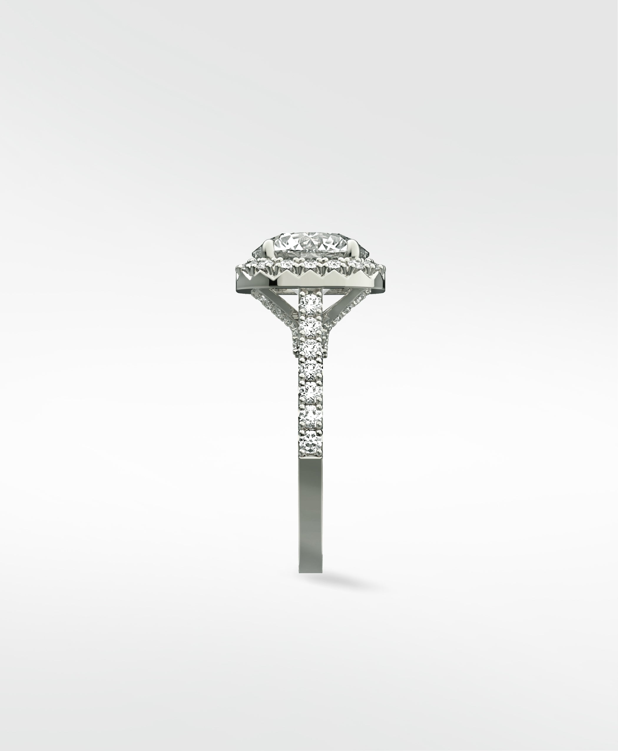 Side profile of the Sequoia Diamond Engagement Ring in platinum, featuring a halo setting and pavé diamond band.