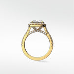 Sequoia Diamond Engagement Ring in yellow gold with a halo setting and pavé diamond band, front view.