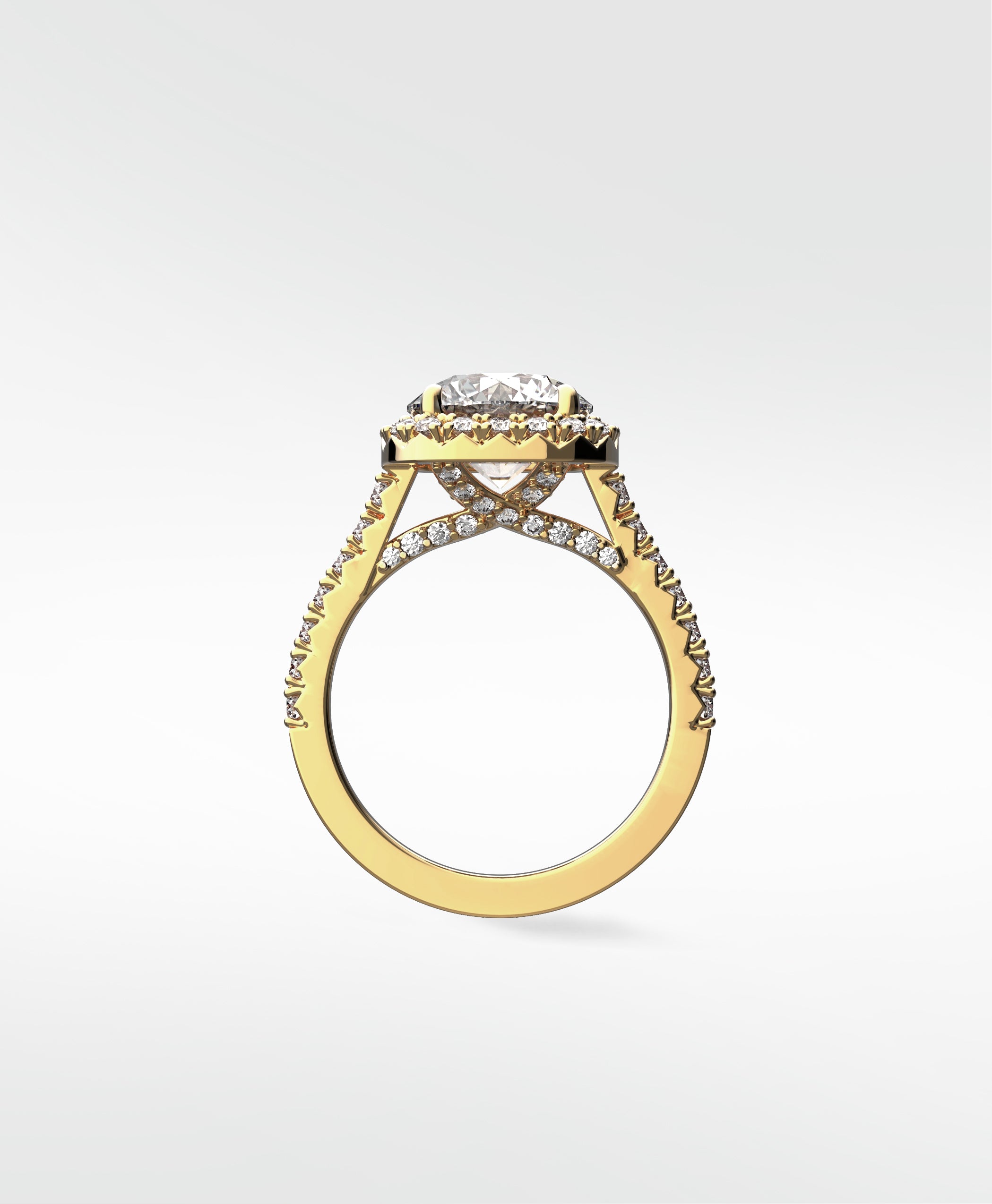 Sequoia Diamond Engagement Ring in yellow gold with a halo setting and pavé diamond band, front view.