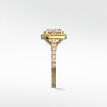 Side profile of the Sequoia Diamond Engagement Ring in yellow gold, featuring a pavé band and a large diamond in a halo setting.