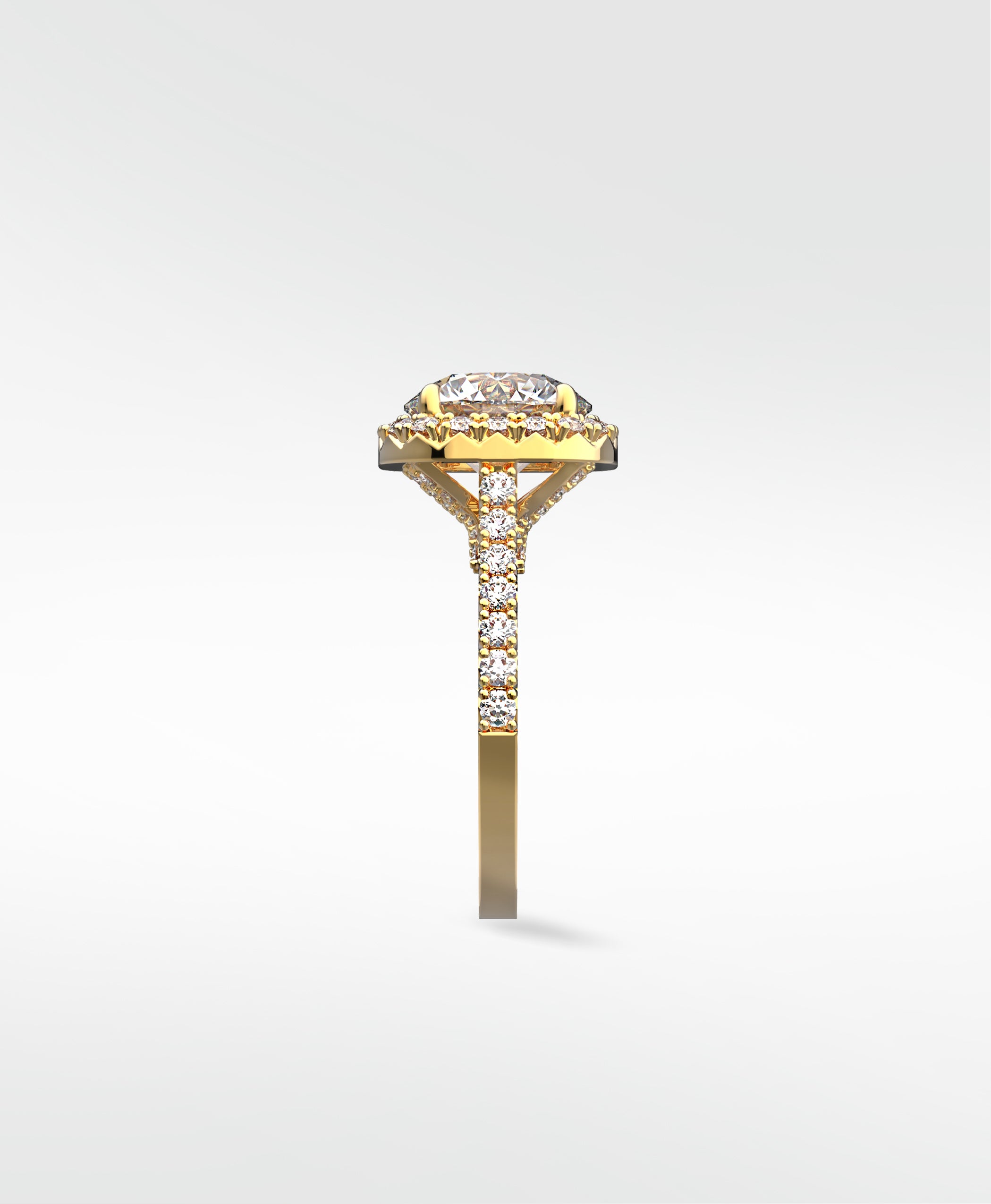 Side profile of the Sequoia Diamond Engagement Ring in yellow gold, featuring a pavé band and a large diamond in a halo setting.
