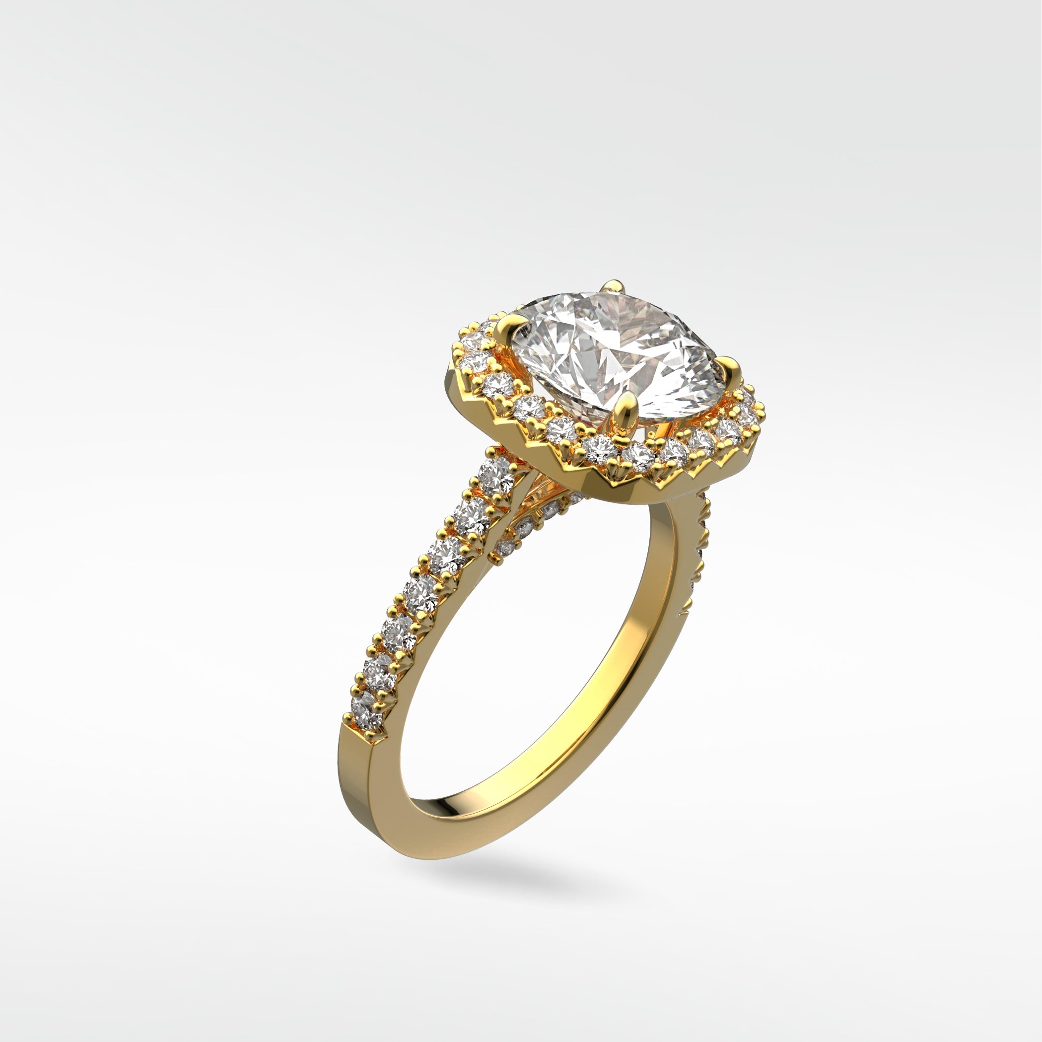 The Sequoia Diamond Engagement Ring in yellow gold, featuring a cushion-cut diamond with a halo and a pavé band.