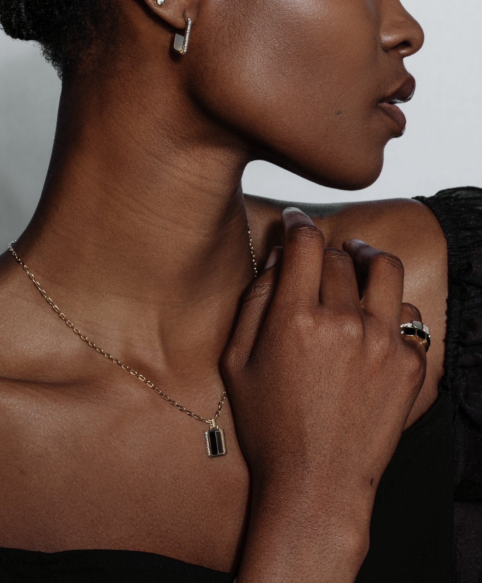 Eclipsis Diamond Edged Mini Pendant with Mother of Pearl and Onyx in 18k Yellow Gold - Lark and Berry